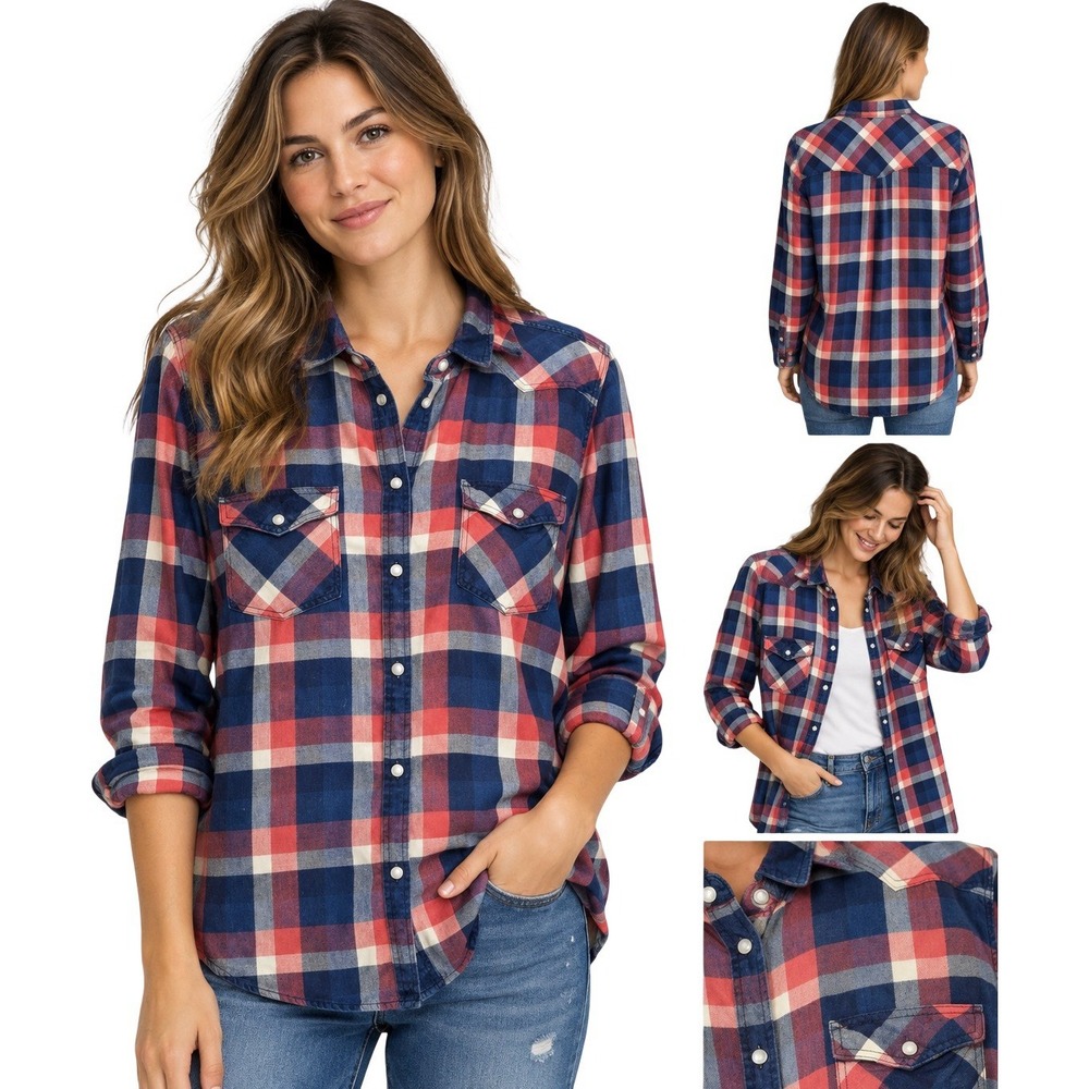 American Eagle Boyfriend Fit Shirt Womens XL Plaid Snap Button Western Cowgirl